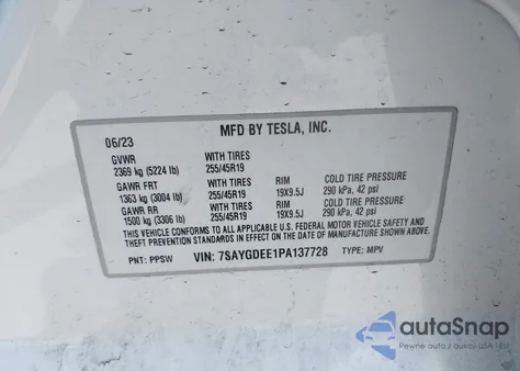 2023 Tesla Model Y Awd/Long Range Dual Motor All-Wheel Drive from USA, damaged, VIN 7SAYGDEE1PA137728